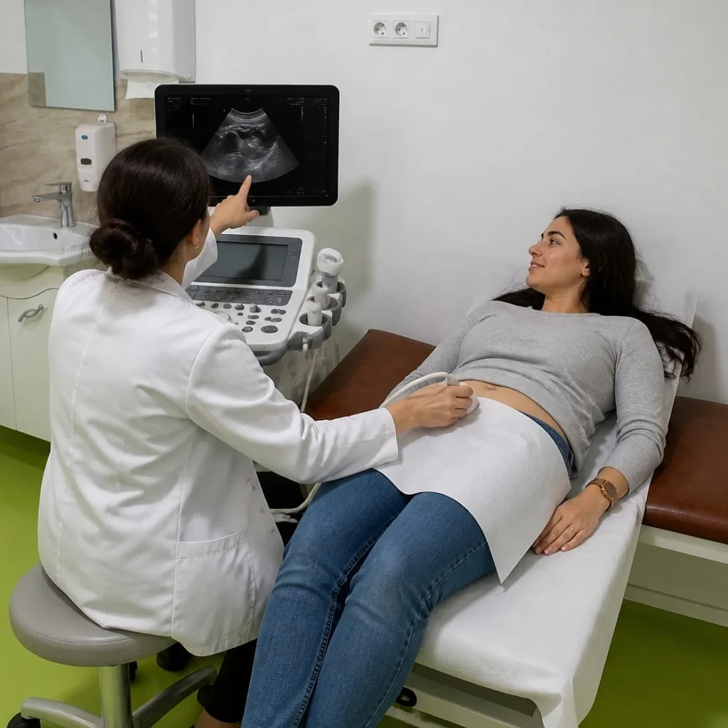 Medic ginecolog care face o ecografie și îi arată pacientei imaginea de pe ecran, la Clinica Salv Med din Turda