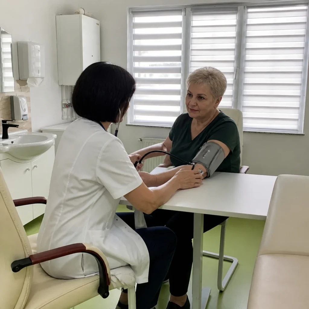 Medic cardiolog care măsoară tensiunea arterială a unei paciente, la Clinica Salv Med din Turda